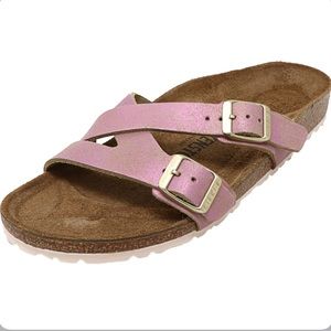 Birkenstock Yao Pink Metallic Suede Slide Sandals Size 9